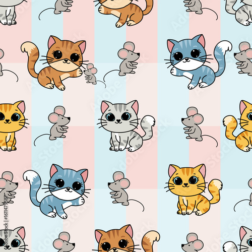 Cats and mice in a playful, colorful pattern