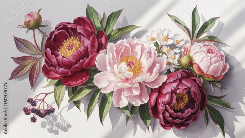 Fototapeta Naklejka Na Ścianę i Meble -  Deep pink and light pink peonies with white blossoms and dark berries leaves