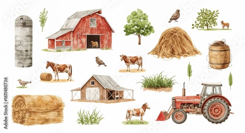 Watercolor rustic farm life icons with barn hay and tractor on plain white background