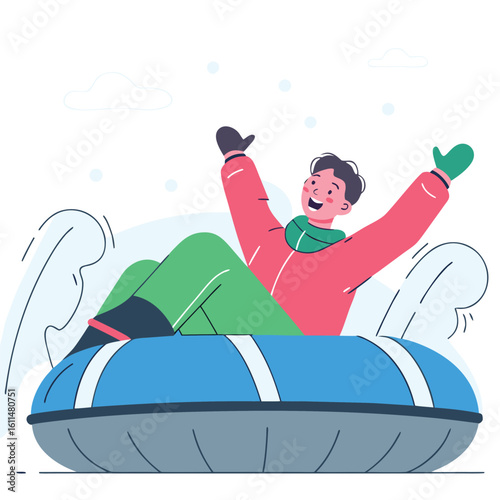Excited person in a red jacket and green pants enjoying a thrilling ride down a snowy hill on a blue inner tube