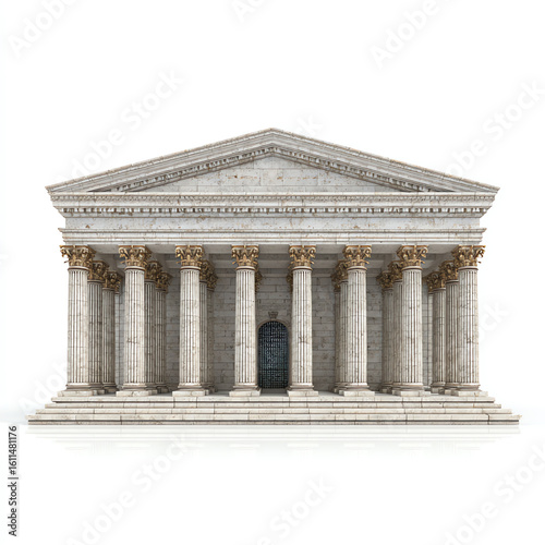 Ancient classical temple with Corinthian columns and ornate capitals  featuring a triangular pediment and stone steps  isolated on a white background