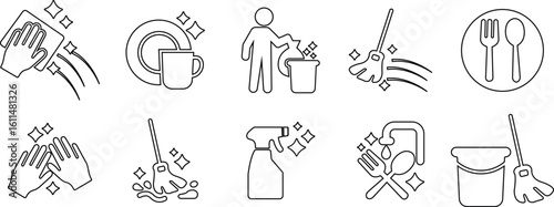 Cleaning icon set, black vector group of hygiene, dishwashing, sanitizing and housekeeping tools in line style, cleaning equipment collection, disinfect, mop, wipe symbols
