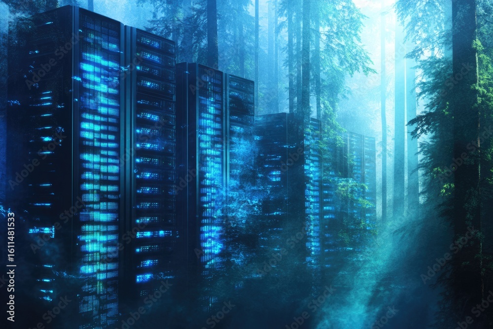 Obraz premium Glowing server racks stand mysteriously in a misty, dark forest, creating a surreal and technological juxtaposition.