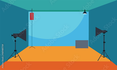 Minimalist Photography Studio with Lighting Equipment and Backdrop