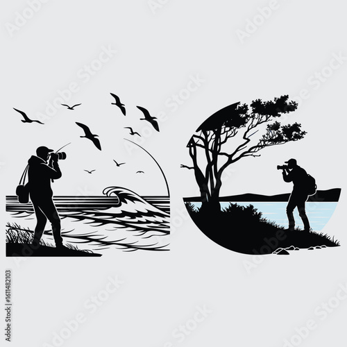 Photographer shooting ocean at dusk image silhouette design vector art and illustration