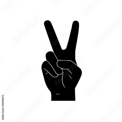 A simple black silhouette of a hand displaying the peace sign gesture.