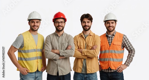Group of construction roles like architect foreman welder engineer and carpenter on plain white background
