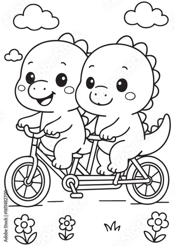 Coloring book dinosaurs riding a tandem bicycle.