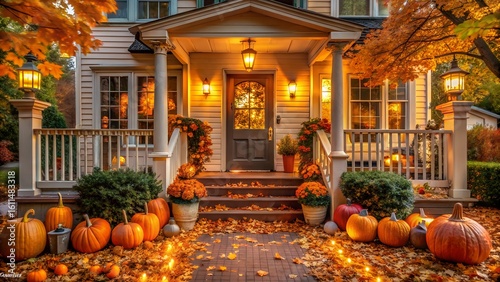 Charming autumnal home entrance adorned with pumpkins and fall foliage
