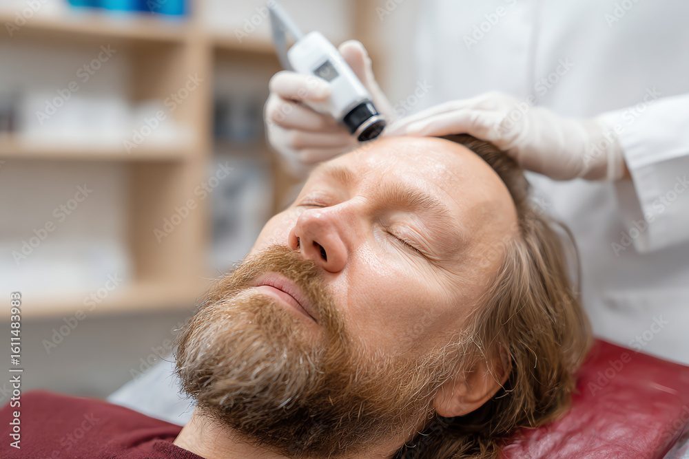 Fototapeta premium A middle-aged man with a beard is undergoing a scalp examination with a handheld dermatoscope by a professional wearing white gloves in a clinical setting