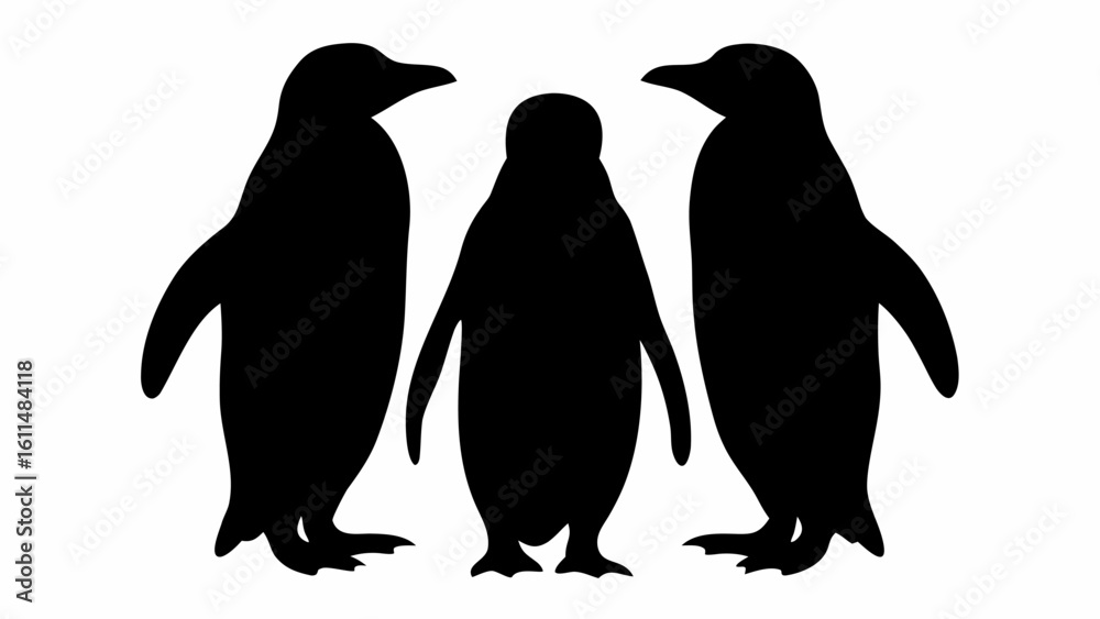 Naklejka premium Three penguins stand together in a row against a white background in a silhouette style image format