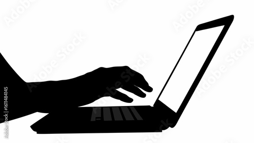 Silhouette of a hand typing on a laptop keyboard with a blank white screen displayed on the device itself