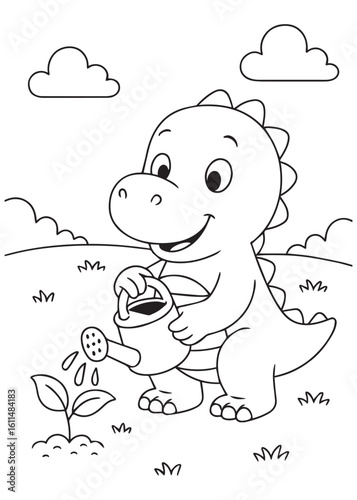 Coloring book dinosaurs watering a plant.