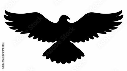 Silhouette of an eagle with outstretched wings in flight against a white background displaying freedom and power