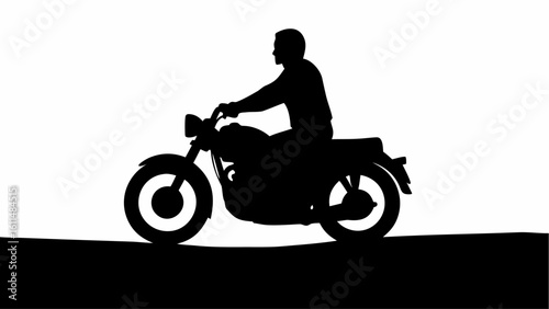 Silhouette of a motorcyclist riding a motorcycle on a flat surface against a white background shown here