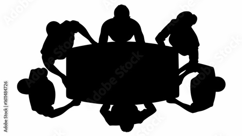 Silhouette of six people sitting around a rectangular table in a meeting or discussion from above view