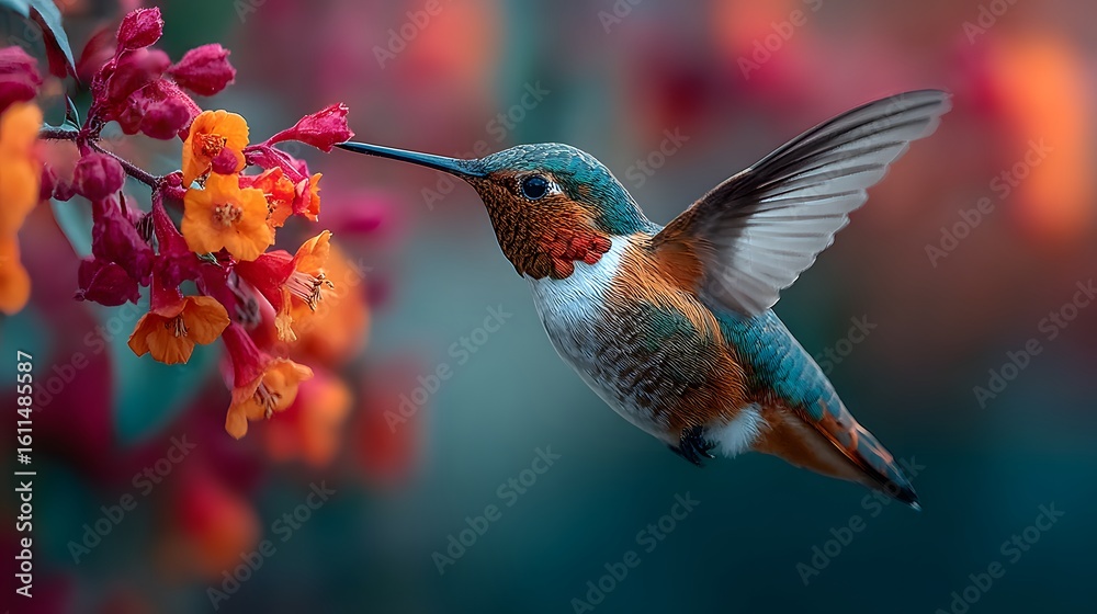 Naklejka premium Hummingbird Hovering Near Flowers: A hummingbird gracefully hovers near vibrant blossoms, with wings a blur of motion. The image captures a perfect moment in nature.