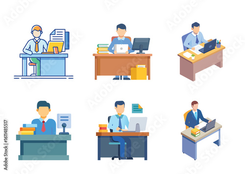 Illustration set of diverse office workers at their desks with computers