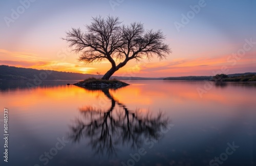 A solitary tree stands on a small island in calm water during sunset with colorful sky reflections