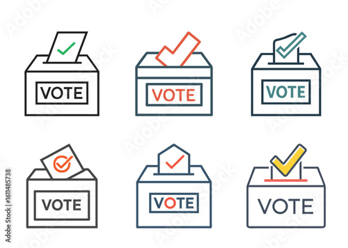 Colorful voting and election icons in various styles with check marks