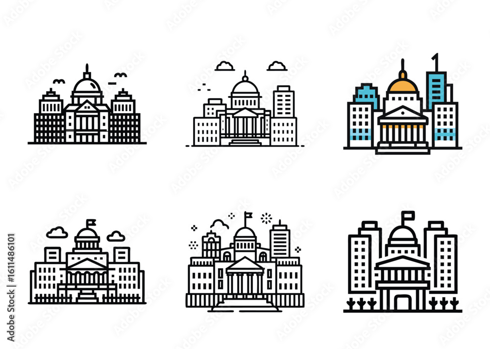 Fototapeta premium Collection of buildings featuring architectural landmarks and city skyline icons