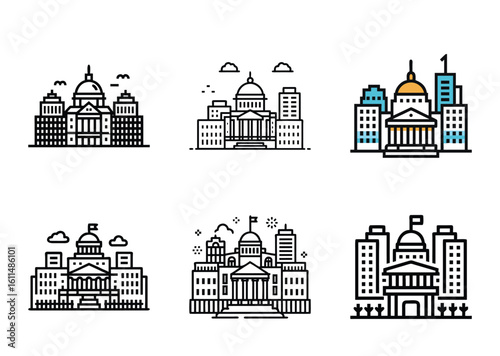 Collection of buildings featuring architectural landmarks and city skyline icons