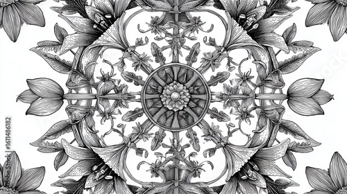 Intricate Floral Mandala Pattern with Detailed Line Art Design