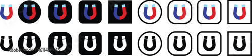 Magnet vector icon set, magnetic horseshoe symbol collection style group, electromagnet attraction force energy U shape silhouette bundle illustration