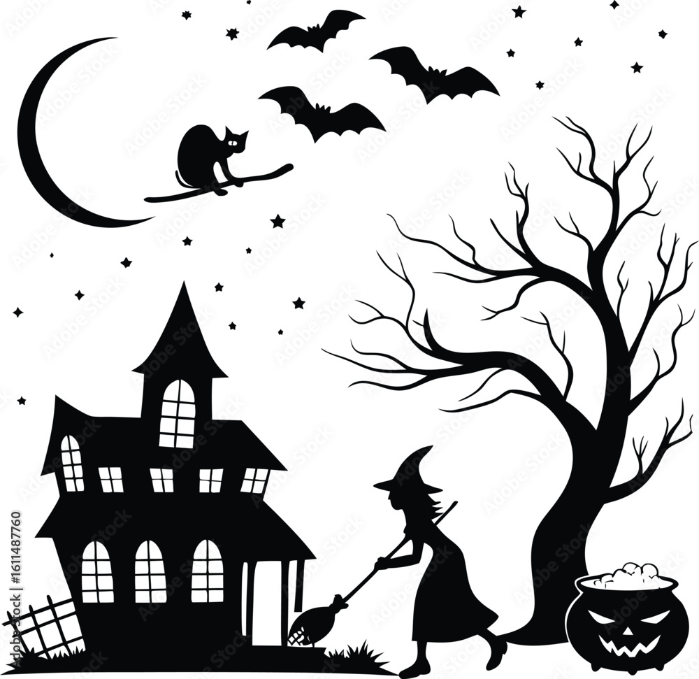 Fototapeta premium Spooky halloween ghost and bat illustration with festive colors