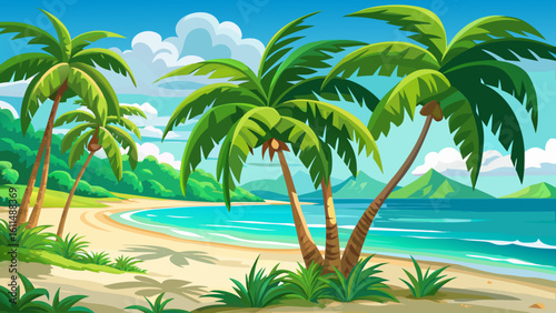 very Beautiful Tropical green palm trees on a white sandy beach in the Caribbean