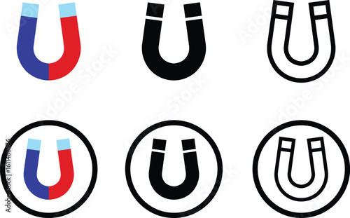Magnet vector icon set, magnetic horseshoe symbol collection style group, electromagnet attraction force energy U shape silhouette bundle illustration