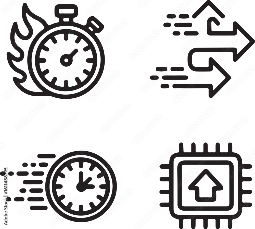 Fototapeta premium Collection of Speed and Performance Icons Representing Fast Processing Quick Delivery and Efficient Data Transfer in a Clean and Modern Line Art Style on White