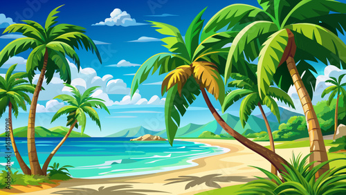 very Beautiful Tropical green palm trees on a white sandy beach in the Caribbean