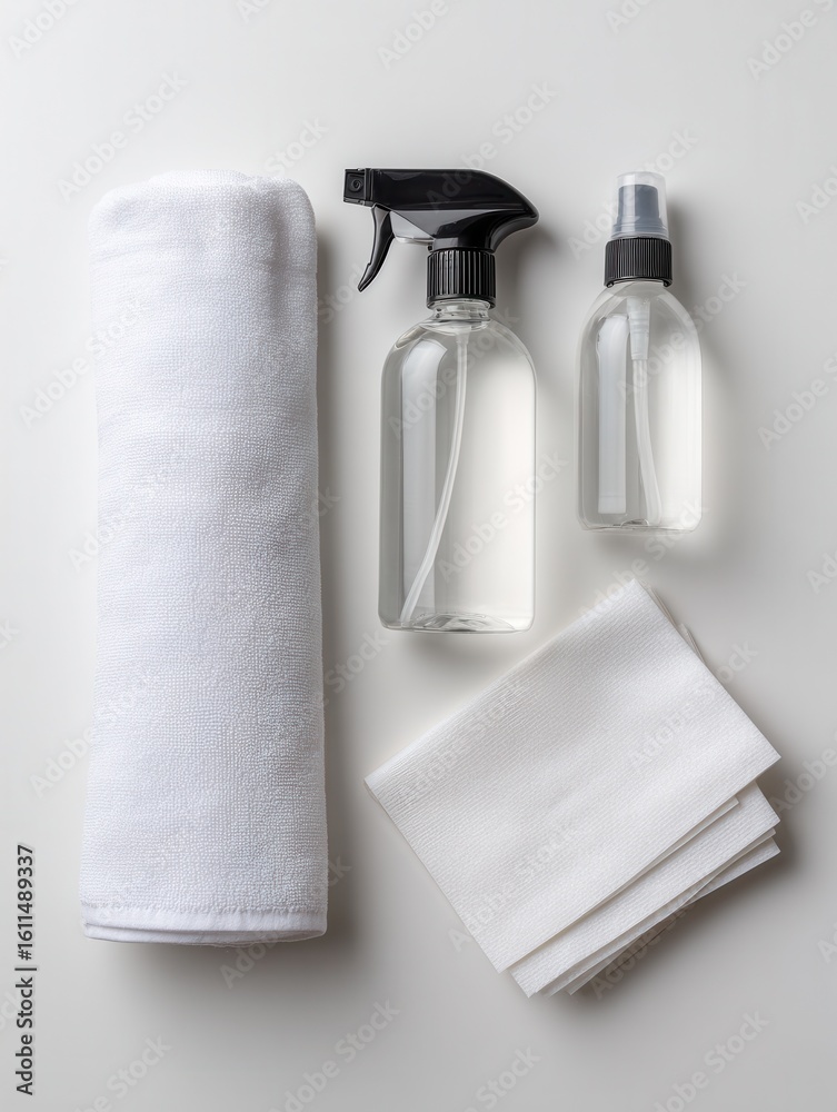Obraz premium White towel, spray bottles, and napkins on gray background.