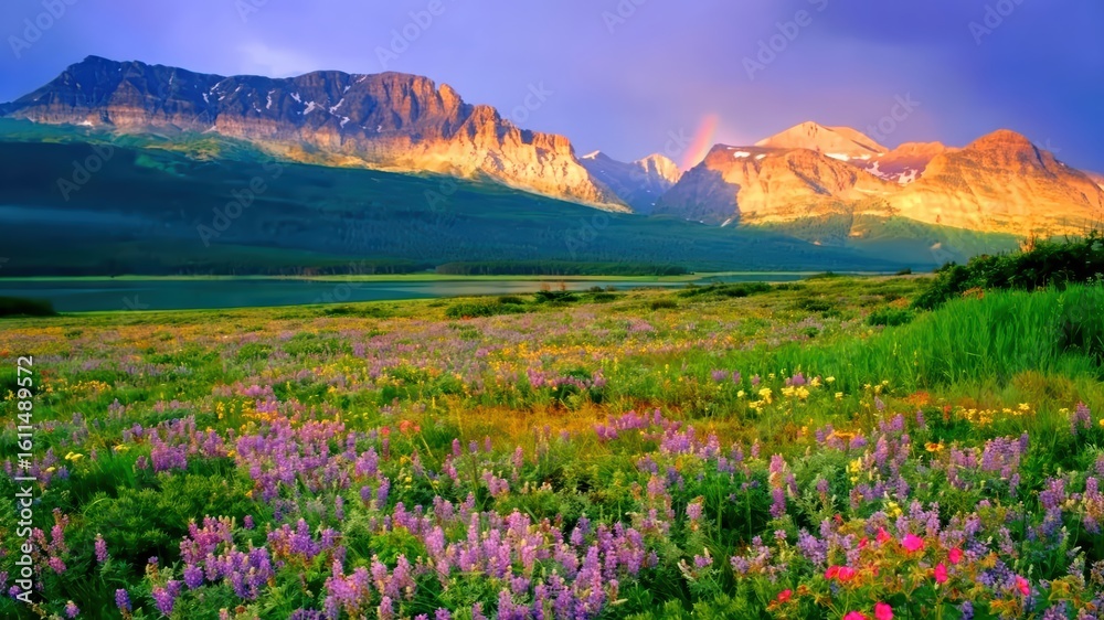 Fototapeta premium Field of wildflowers at glacier national park with majestic mountains as backdrop, perfect for naturethemed designs, travel blogs, and outdoor advertisements.