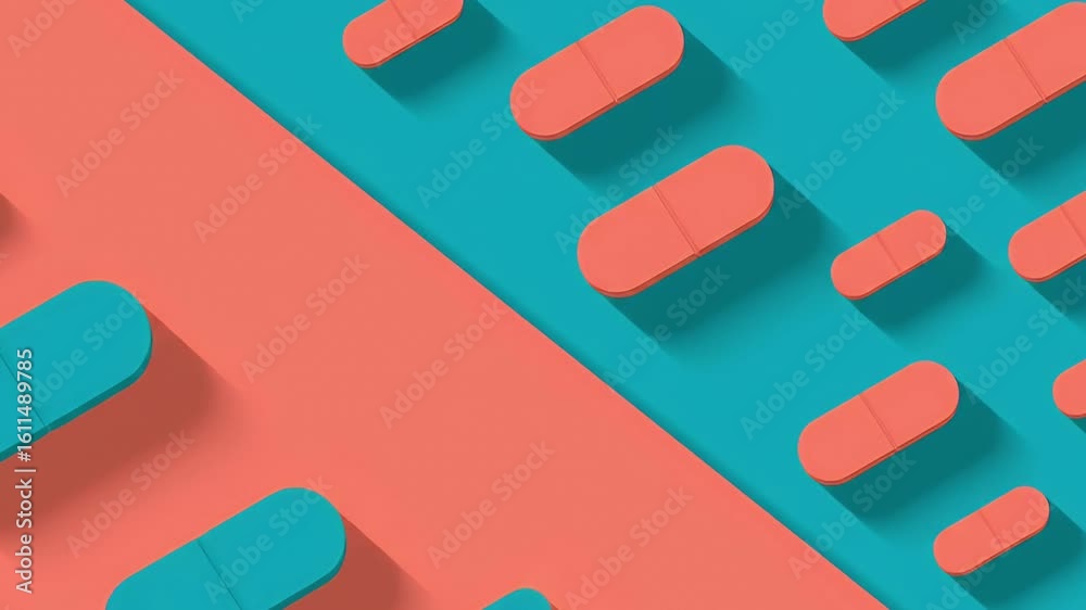 Modern Abstract Seamless Pattern of Coral and Teal Pills with Dynamic Long Shadows on a Divided Geometric Background for Medical Health and Pharmaceutical Theme Modern Abstract Seamless Pattern of Coral and Teal Pills with Dynamic Long Shadows on a Divided Geometric Background for Medical Health and Pharmaceutical Theme