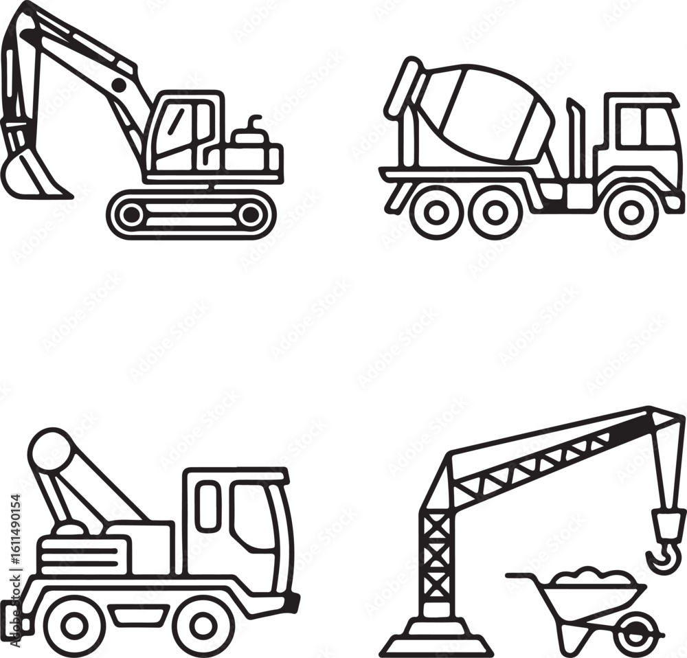Naklejka premium Construction Vehicle Icons A collection of simple line drawings featuring an excavator cement truck crane truck and tower crane with wheelbarrow perfect for construction themes