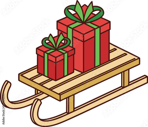Charming wooden sled overflowing with colorful christmas gift boxes tied with festive ribbons