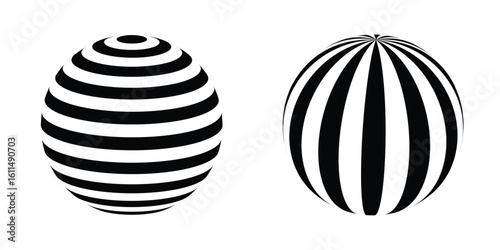 Transparent 3d sphere globe orb with circle stripe pattern design round shape abstract element earth effect black ring texture on clear background