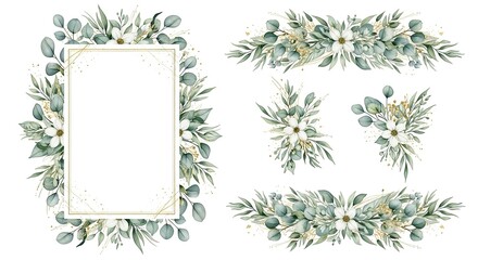 Eucalyptus Greenery Floral Arrangements with White Flowers and Gold Accents image