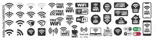 Free Wi-Fi icon collection. Wireless internet access symbols, connection signs, cafe hotspot, router and mobile interface indicators on transparent background