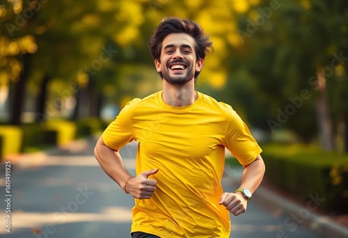 Full shot, yellow shirt, joyful runner in motion,   clothing,  vibrant