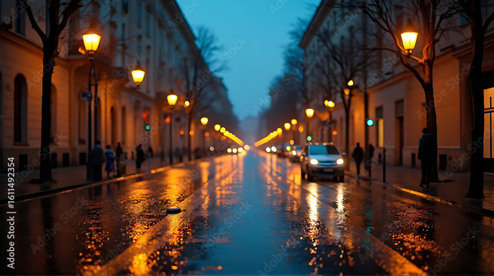 Fototapeta premium City street reflections after rain at night showcasing urban atmosphere