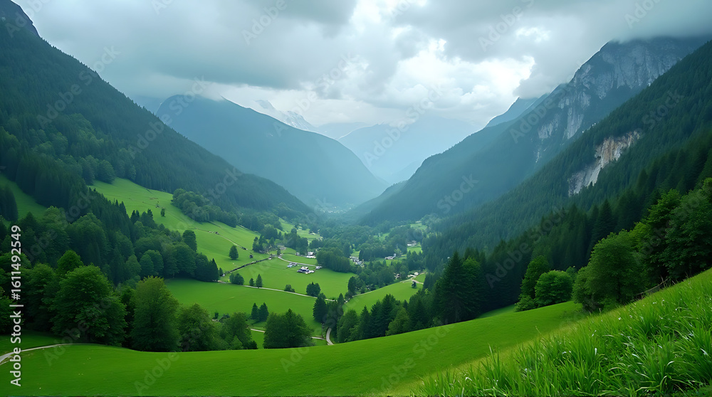 Fototapeta premium Breathtaking alpine scenery showcasing lush green meadows and forested mountains