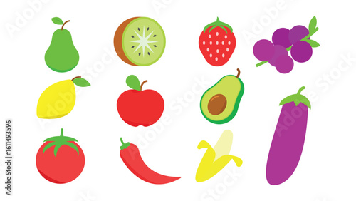 set of fruits and vegetables including pears kiwi strawberries and grapes