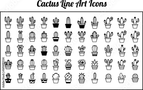 Cactus Icons Set Unique Black & White Line Art Vector Illustrations