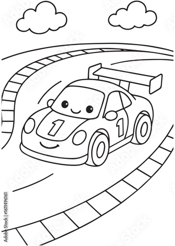Coloring book race car speeding on a curved track.