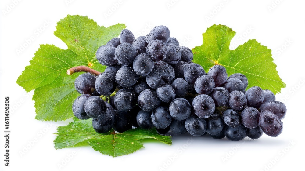 Fototapeta premium Black grape cluster with leaves isolated on white background. Clipping path. 