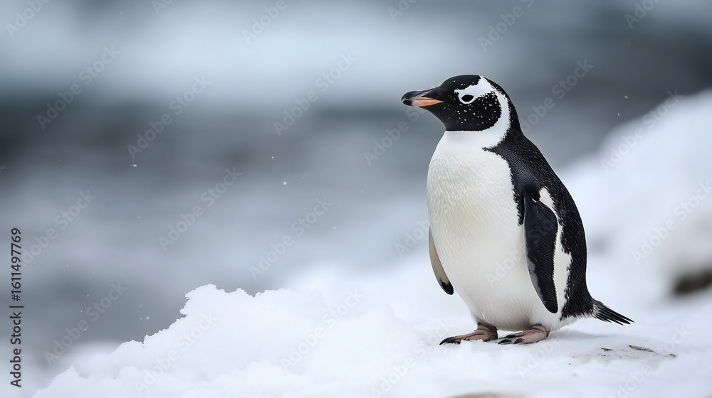 Naklejka premium Magellanic Penguin Standing on Snowy Hill in Antarctica Wildlife