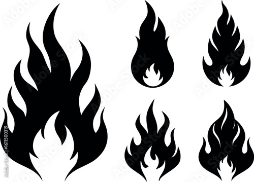 fire flame silhouette set, fire flame black vector bundle
